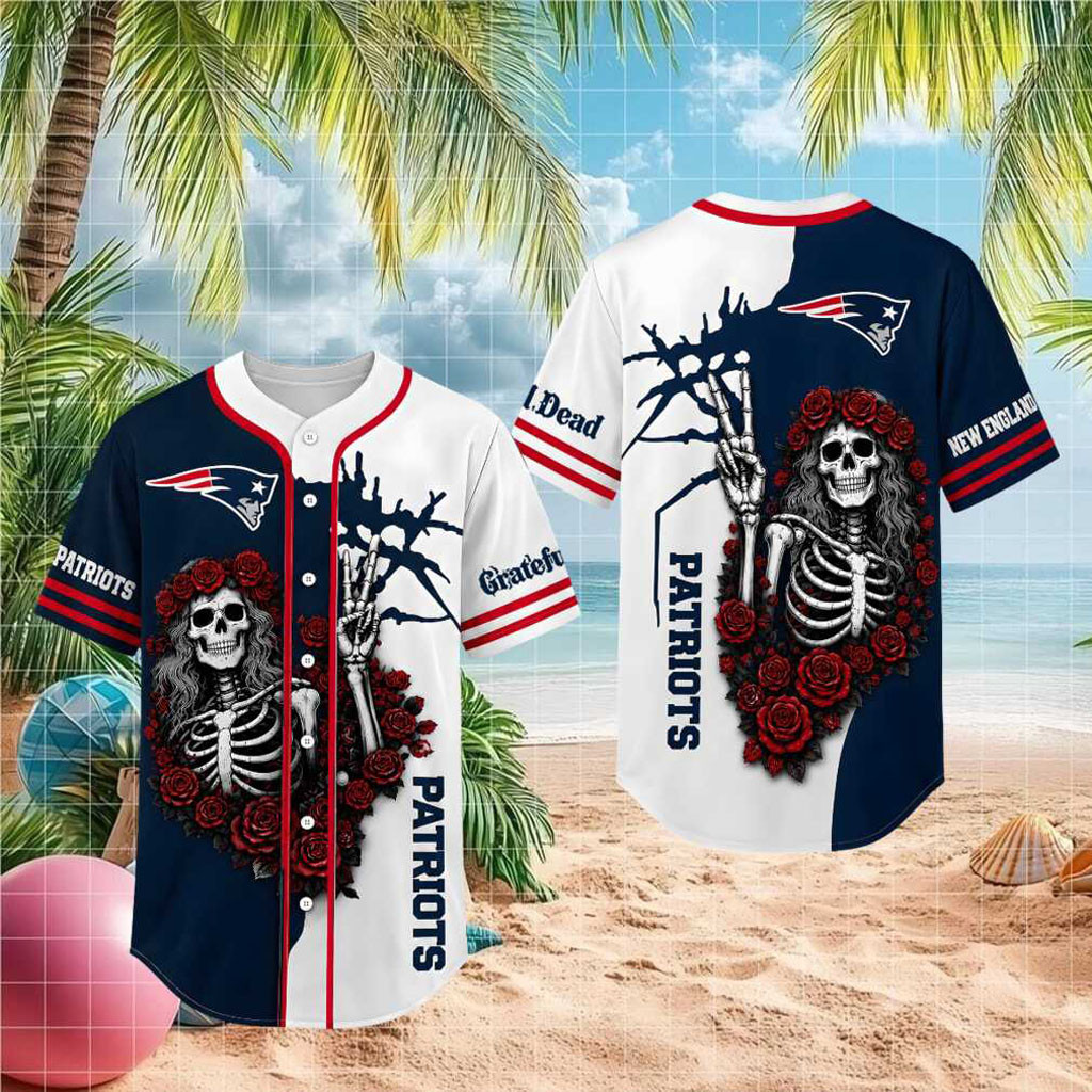 New England Patriots Skeleton Grateful Roses Baseball Jersey Patriots Merch Gifts For Brother - Kdjoy New England Patriots Skeleton Grateful Roses Baseball Jersey Patriots Merch Gifts For Brother - Kdjoy