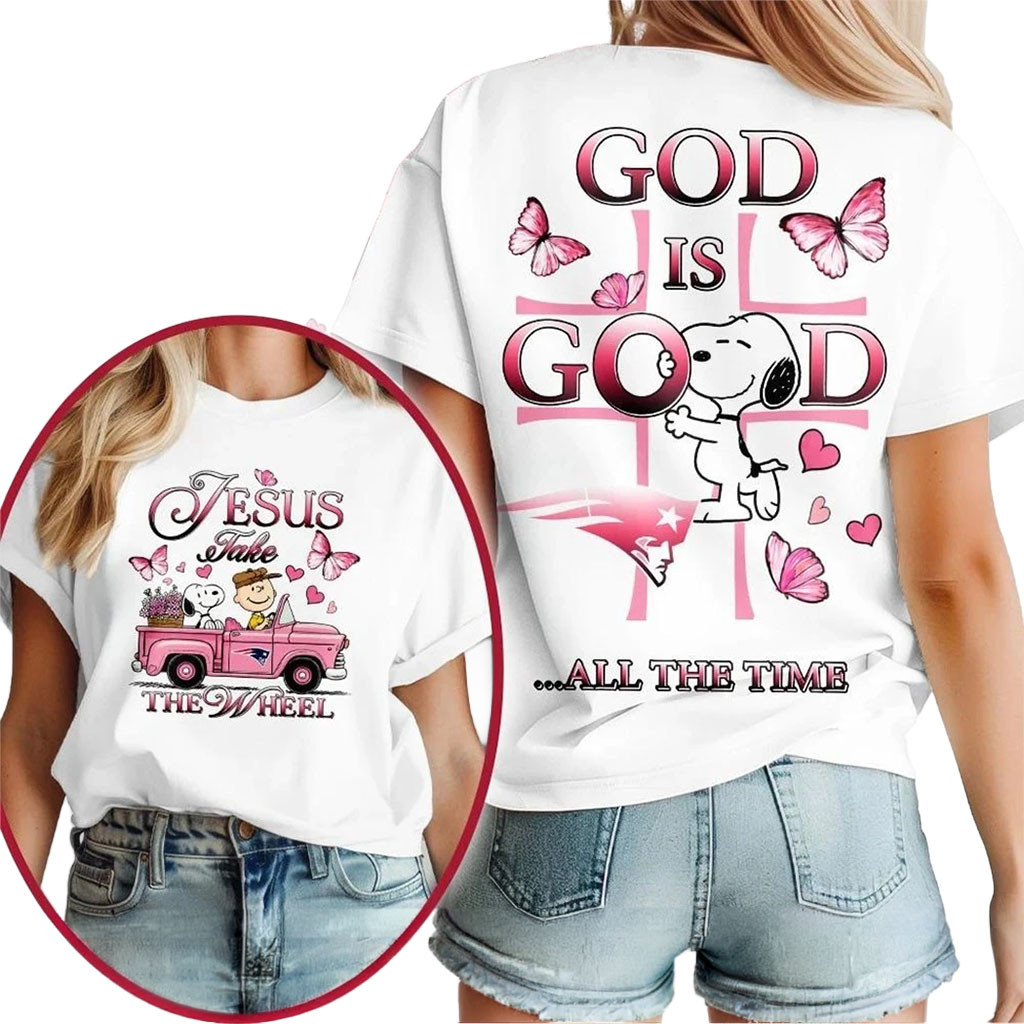 New England Patriots Snoopy Jesus Take The Wheel God Is Good Shirt NE Patriots Merch Fan Gifts - Kdjoy