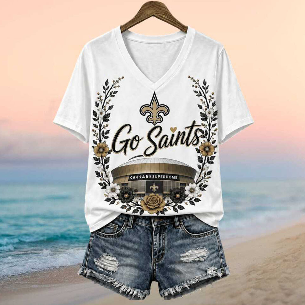 New Orleans Saints Football Team Caesars Superdome Floral Wreath V-Neck Shirt NO Saints Merch - Kdjoy