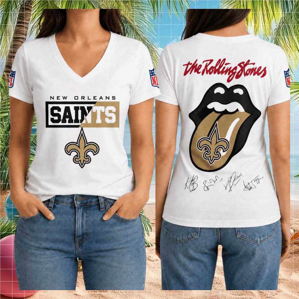 New Orleans Saints The Rolling Stones Merch 2026 Tongue Logo V-Neck Shirt NO Saints Merchandise - Kdjoy New Orleans Saints The Rolling Stones Merch 2026 Tongue Logo V-Neck Shirt NO Saints Merchandise - Kdjoy