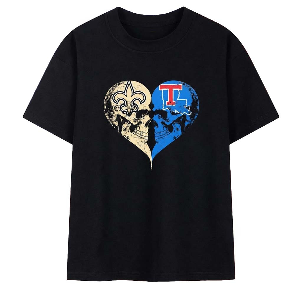New Orleans Saints X Louisiana Tech Bulldogs Skulls Face To Face Heart Shape T-Shirt Fan Merch New Orleans Saints X Louisiana Tech Bulldogs Skulls Face To Face Heart Shape T-Shirt Fan Merch
