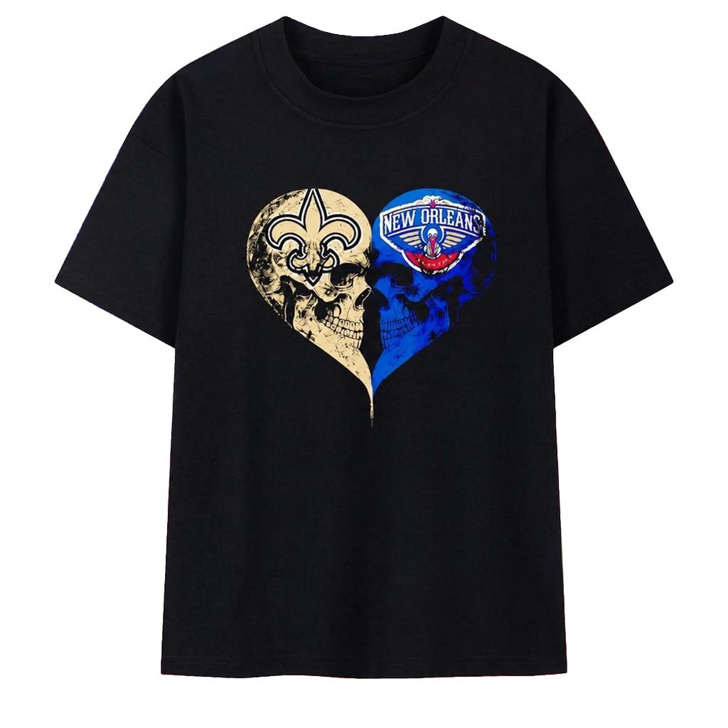 New Orleans Saints X New Orleans Pelicans Skulls Face To Face Heart Shape T-Shirt Fan Merch - Kdjoy
