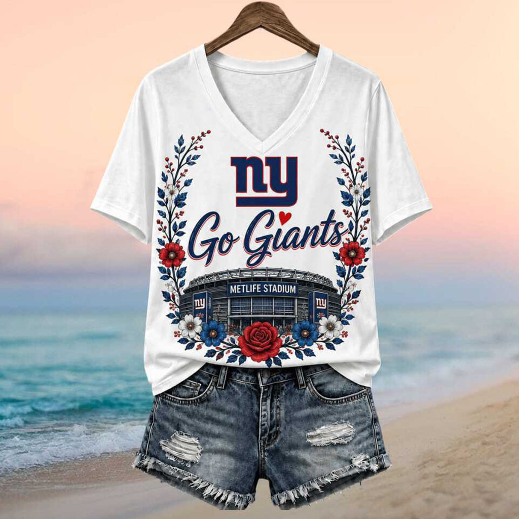 New York Giants Stadium Floral Vintage Go Giants V-Neck Shirt NY Giants Merch Fan Gifts Ideas - Kdjoy