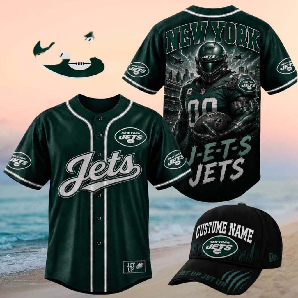 New York Jets Armored Pilot Mascot Skyline Graphic Baseball Jersey New York Football Merch