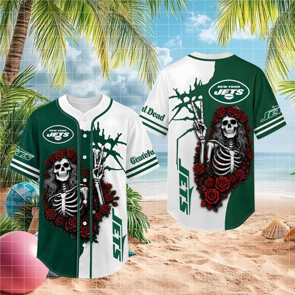 New York Jets Skeleton Grateful Roses Baseball Jersey Jets Merch Gifts For Boyfriend - Kdjoy New York Jets Skeleton Grateful Roses Baseball Jersey Jets Merch Gifts For Boyfriend - Kdjoy
