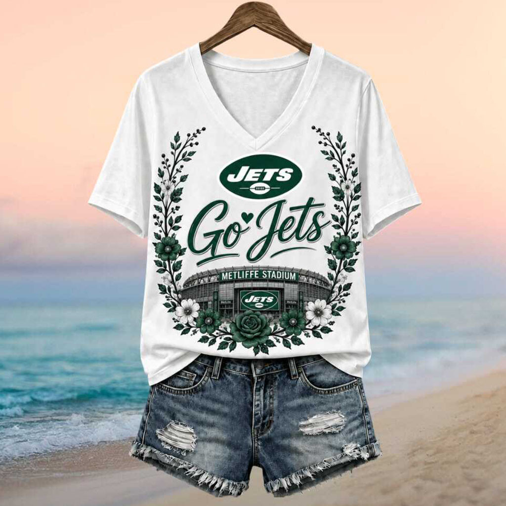 New York Jets Stadium Floral Wreath Go Jets Football V-Neck Shirt NY Jets Merch Present For Fan - Kdjoy