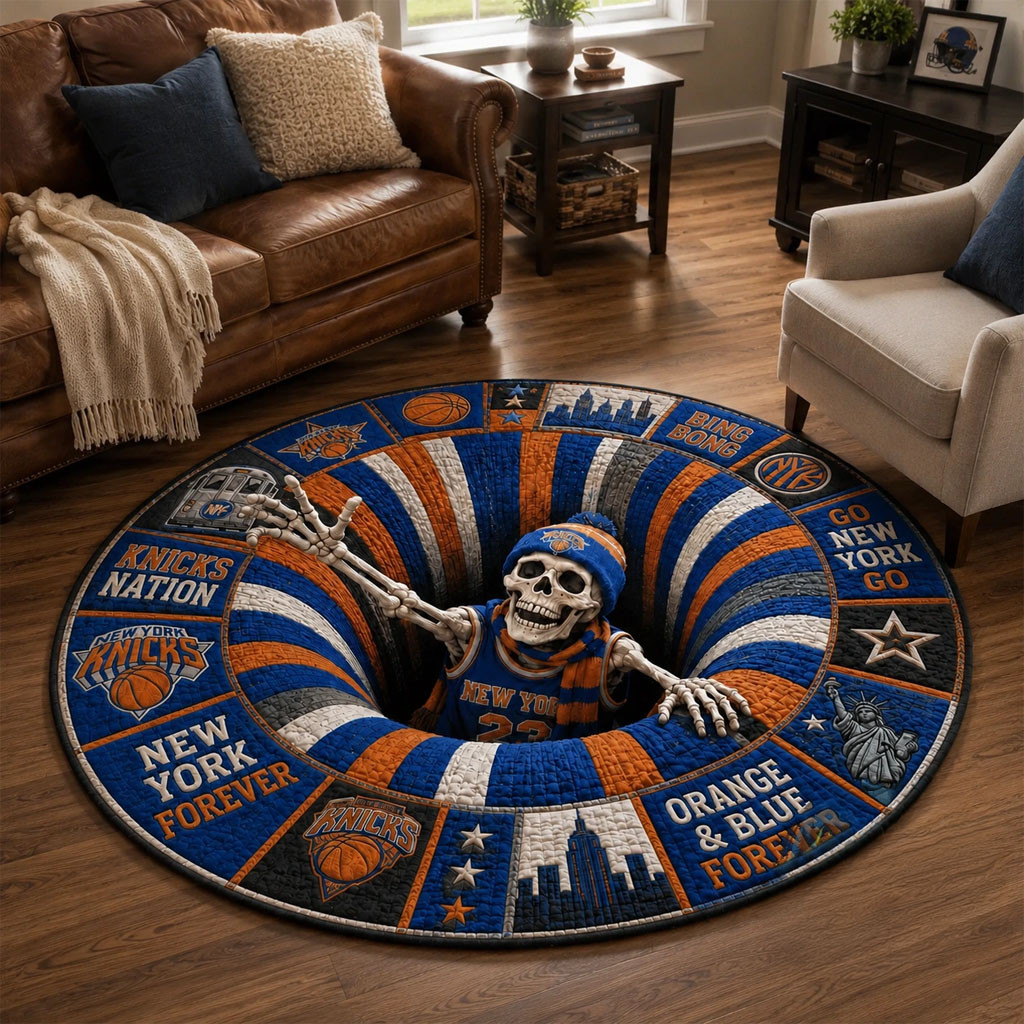 New York Knicks Halloween 2026 Skeleton Illusion Round Rug NY Knicks Merch Basketball Fan Gifts - Kdjoy