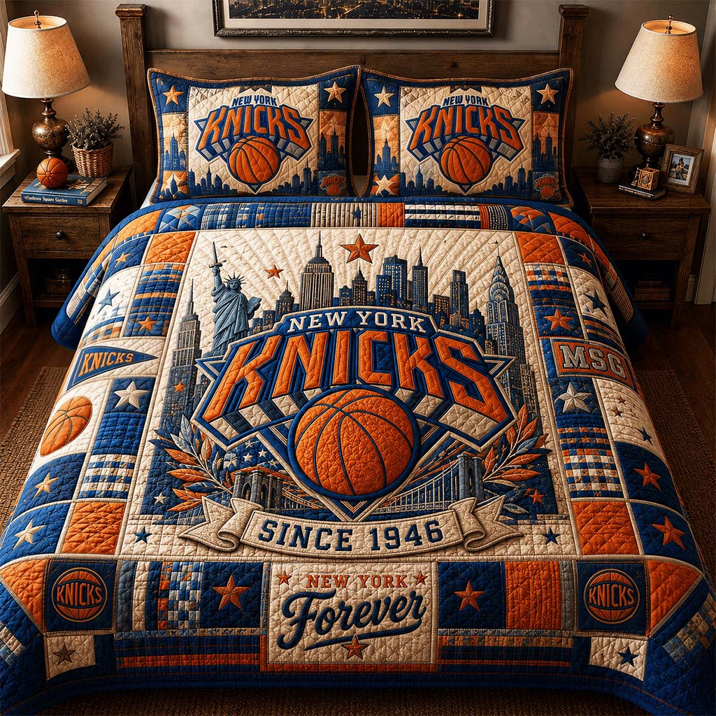 New York Knicks Merch New York Forever Since 1946 Quilt Bedding Set Basketball Lover Bedroom Decor - Kdjoy