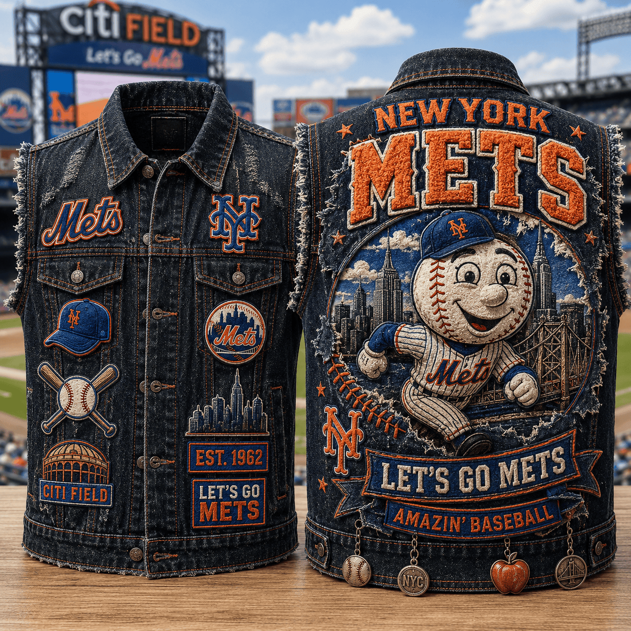 New York Mets Merch Let's Go Mets Amazin Baseball Denim Vest Present For Baseball Lovers - Kdjoy