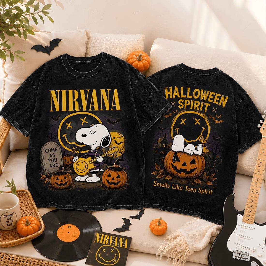 Nirvana Snoopy Halloween Smells Like Teen Spirit Wash T-Shirt Nirvana Merch Gifts For Rock Fan - Kdjoy