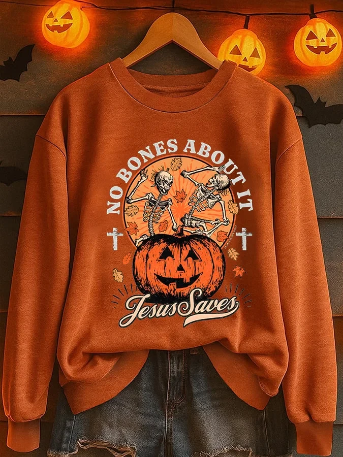 No Bones About It Skeleton Pumpkin Sweatshirt Funny Halloween Clothes Gift For Friends - Kdjoy