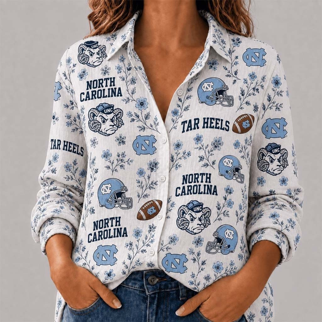 North Carolina Tar Heels College Spirit Blossoms Long Sleeve Button Up Shirt Heels Merch Women - Kdjoy