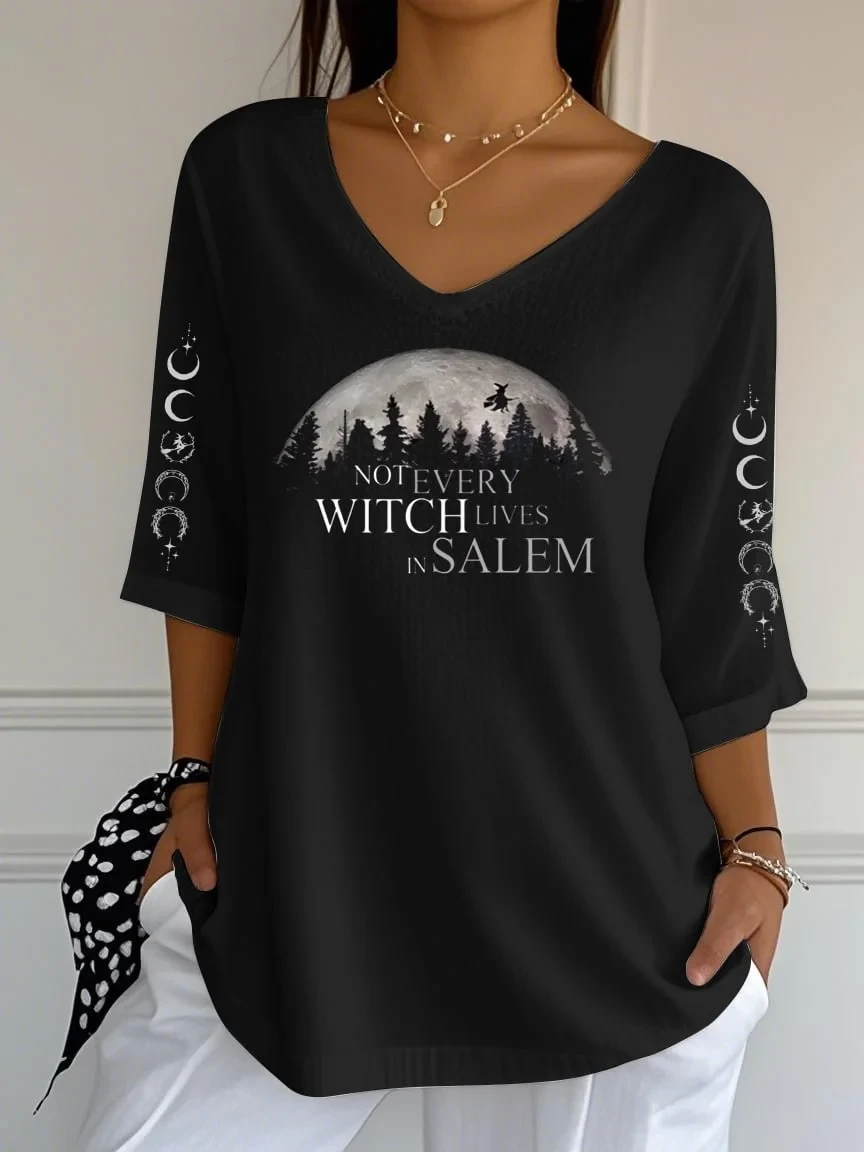 Not Every Witch Lives In Salem Crop Sleeve V-Neck Shirt Black Halloween Gift For Women - Kdjoy