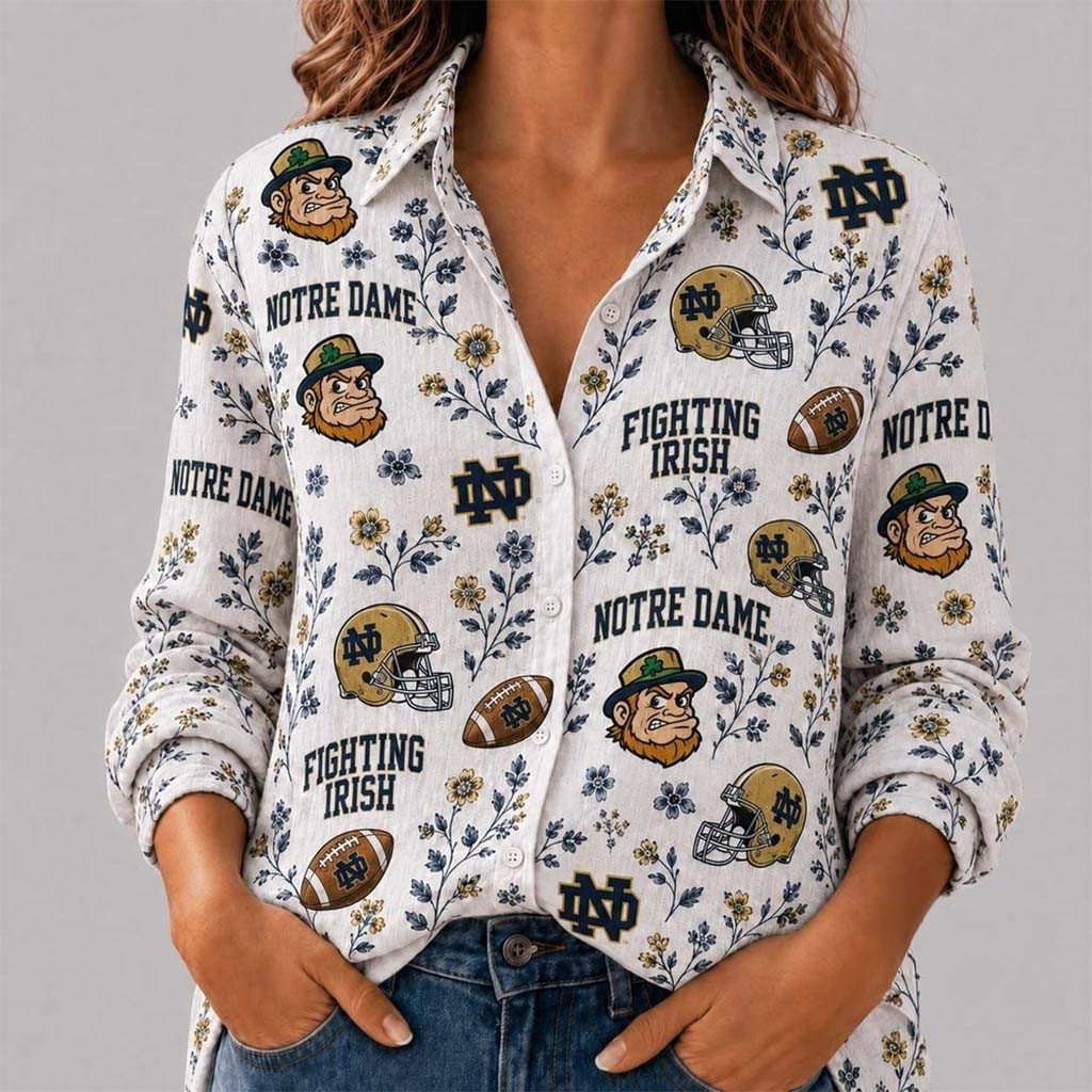 Notre Dame Fighting Irish College Spirit Blossoms Long Sleeve Button Up Shirt Fighting Irish Merch - Kdjoy
