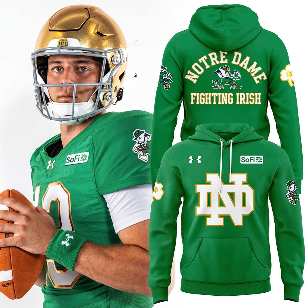 Notre Dame Fighting Irish Green Football Hoodie Fighting Irish Merch Football Lovers Gifts - Kdjoy