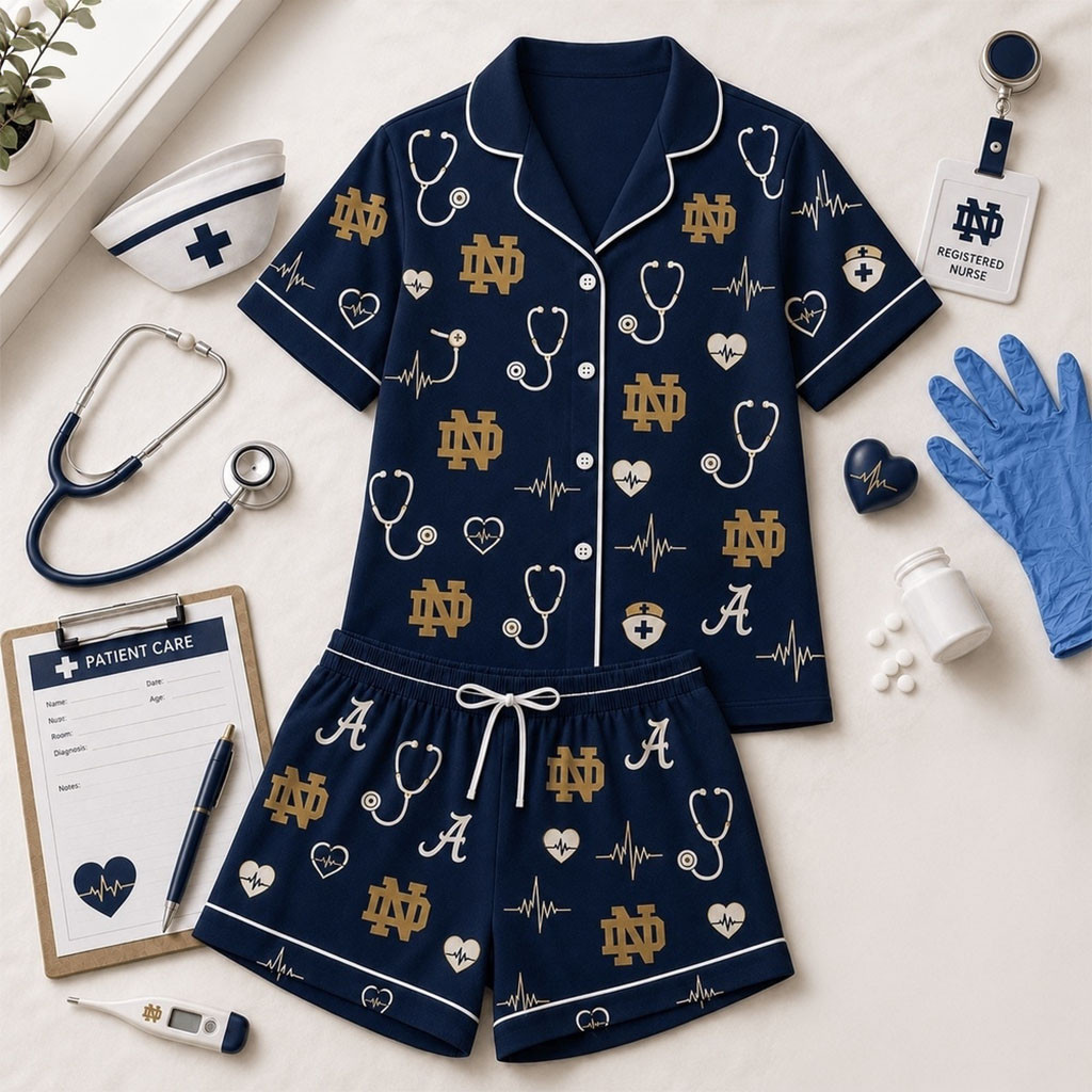 Notre Dame Fighting Irish Heartbeats And Home Teams Short Sleeve Pajamas Set Fighting Irish Merch - Kdjoy Notre Dame Fighting Irish Heartbeats And Home Teams Short Sleeve Pajamas Set Fighting Irish Merch - Kdjoy