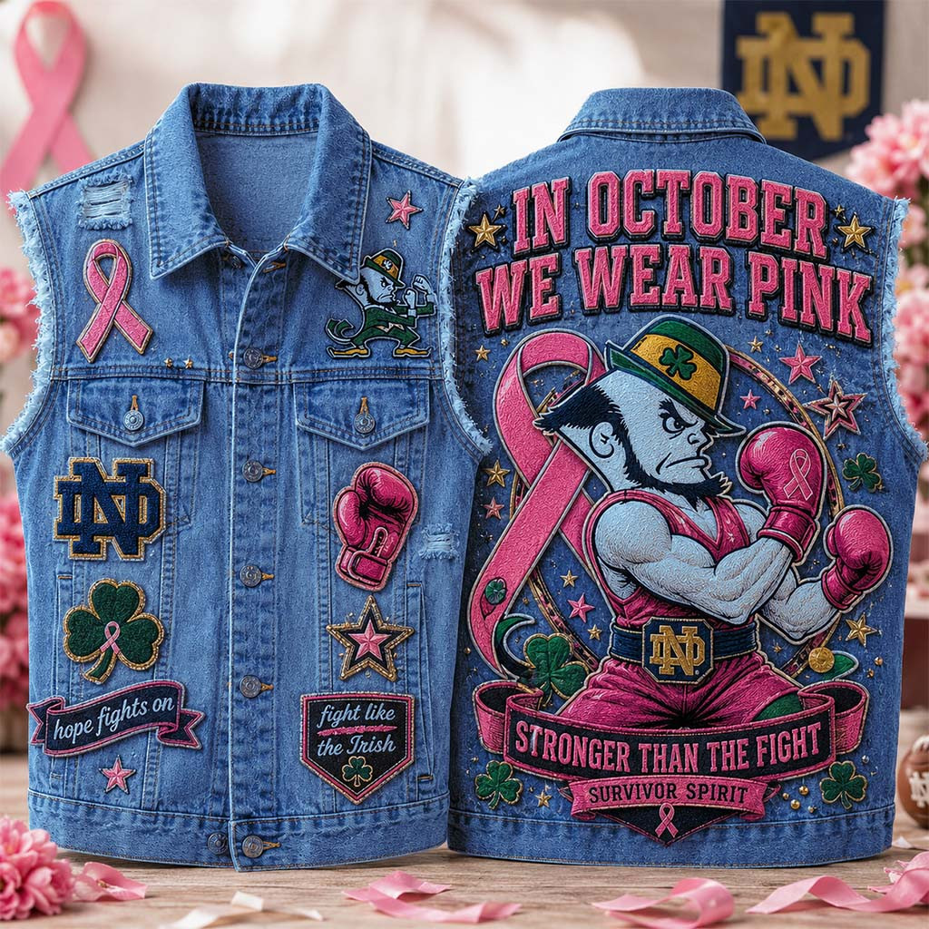 Notre Dame Fighting Irish In October We Wear Pink Denim Vest Breast Cancer Awareness Merch - Kdjoy