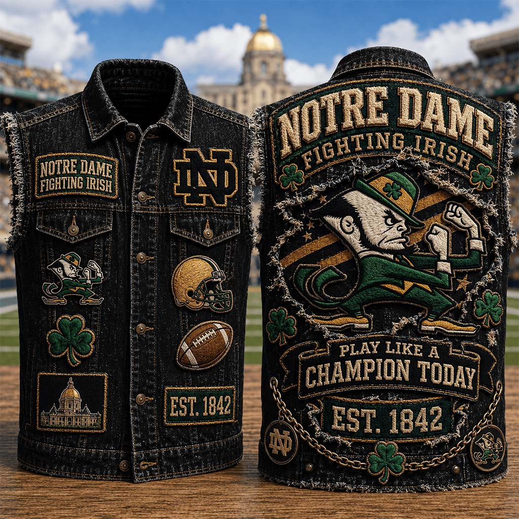 Notre Dame Fighting Irish Merch Play Like A Champion Today Denim Vest Gift For Football Fans - Kdjoy