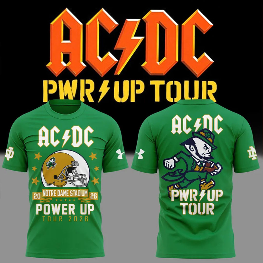 Notre Dame Fighting Irish X AC DC Tour T-Shirt ACDC Power Up Tour Merch Music Fan Gifts Ideas - Kdjoy