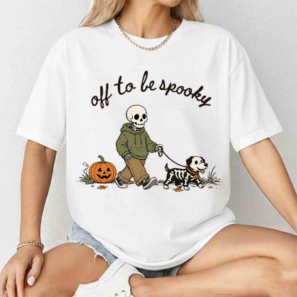 Off To Be Spooky Skeleton Walking Dog T-Shirt Funny Halloween Shirt Gift For Friends - Kdjoy
