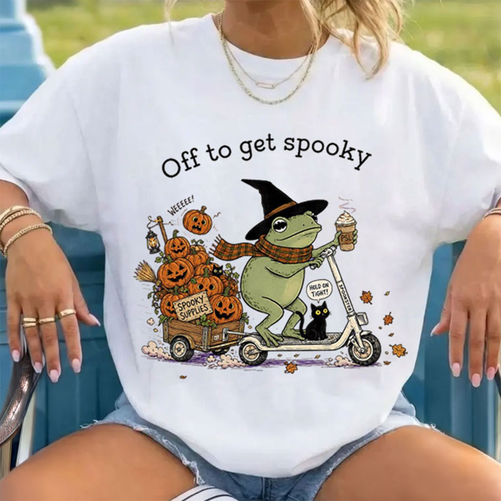 Off To Get Spooky Season Halloween Frog Riding Scooter T-Shirt Funny Halloween Shirt Gifts - Kdjoy