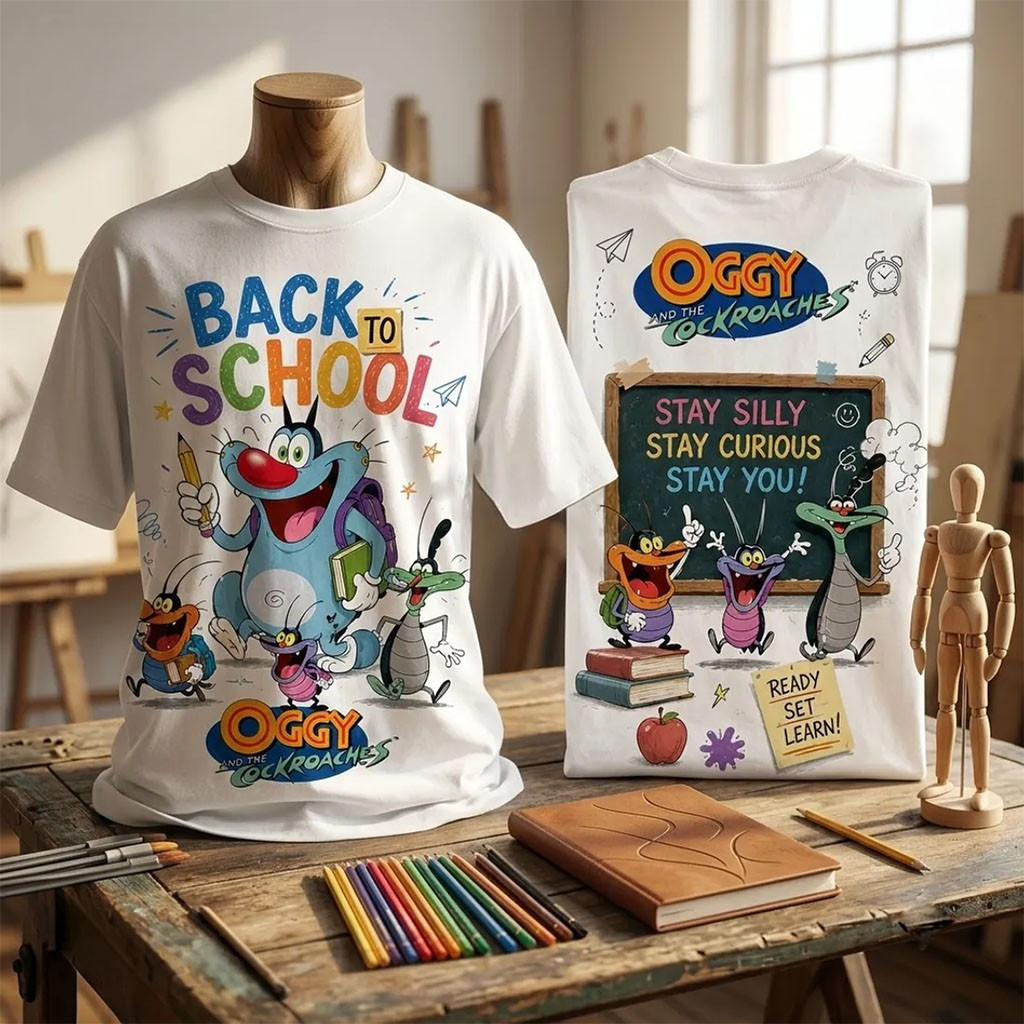 Oggy And The Cockroaches Back To School White T-Shirt School Outfits For Student - Kdjoy Oggy And The Cockroaches Back To School White T-Shirt School Outfits For Student - Kdjoy