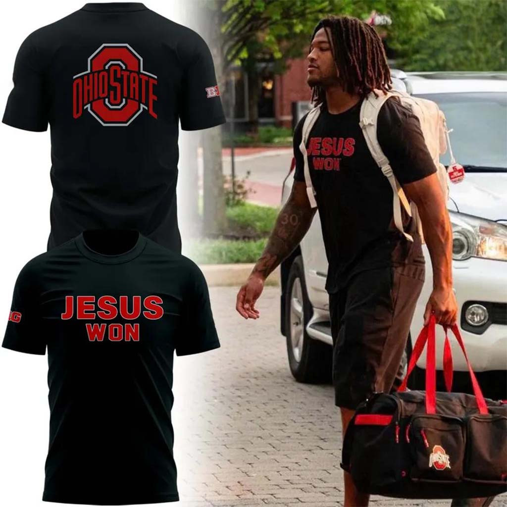 Ohio State Buckeyes Jesus Won Black T-Shirt Christian Based Shirt Buckeyes Merch Fan Gifts - Kdjoy