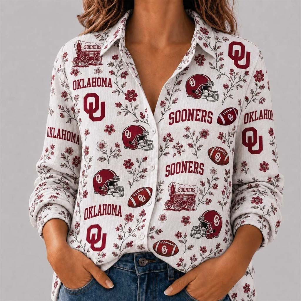 Oklahoma Sooners College Spirit Blossoms Long Sleeve Button Up Shirt Sooners Merch Women - Kdjoy