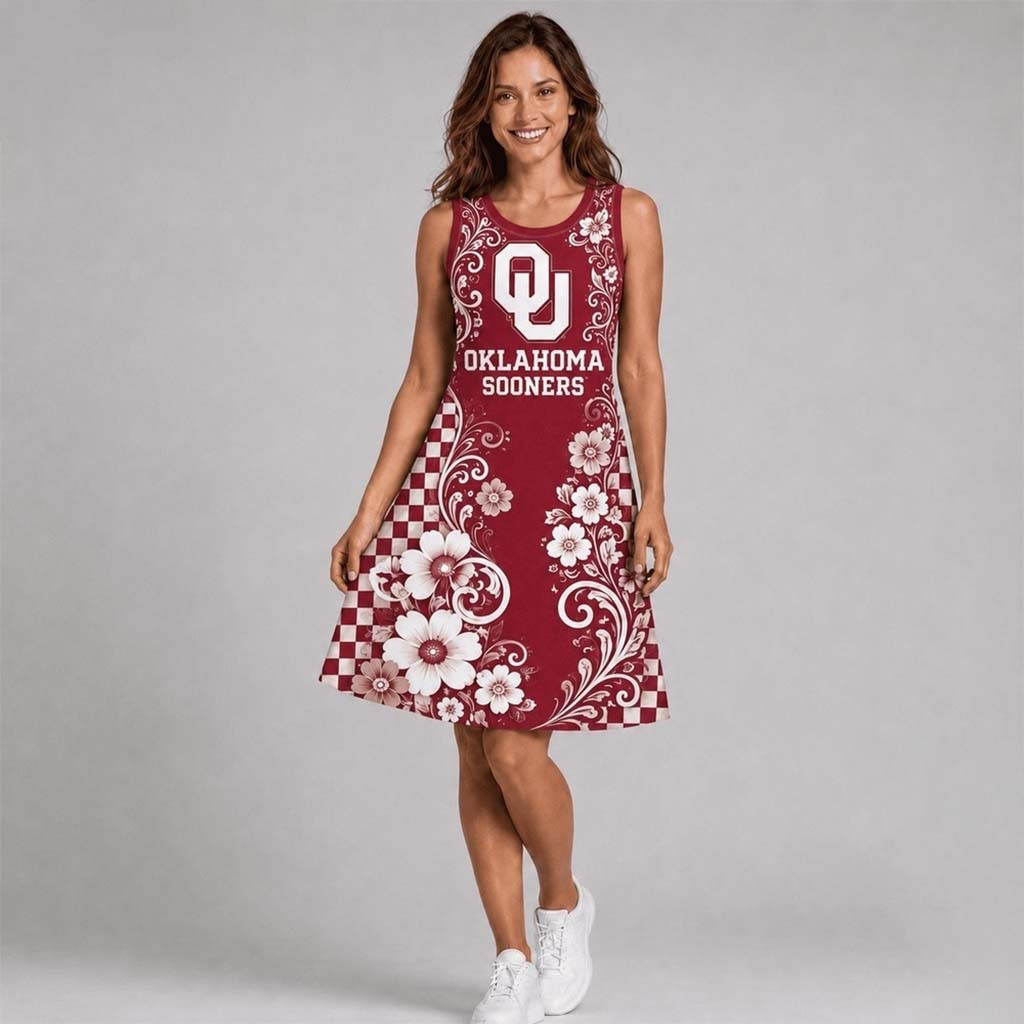Oklahoma Sooners Sporty Floral Elegance Women's Sleeveless Dress Sooners Merch Wife Gifts - Kdjoy