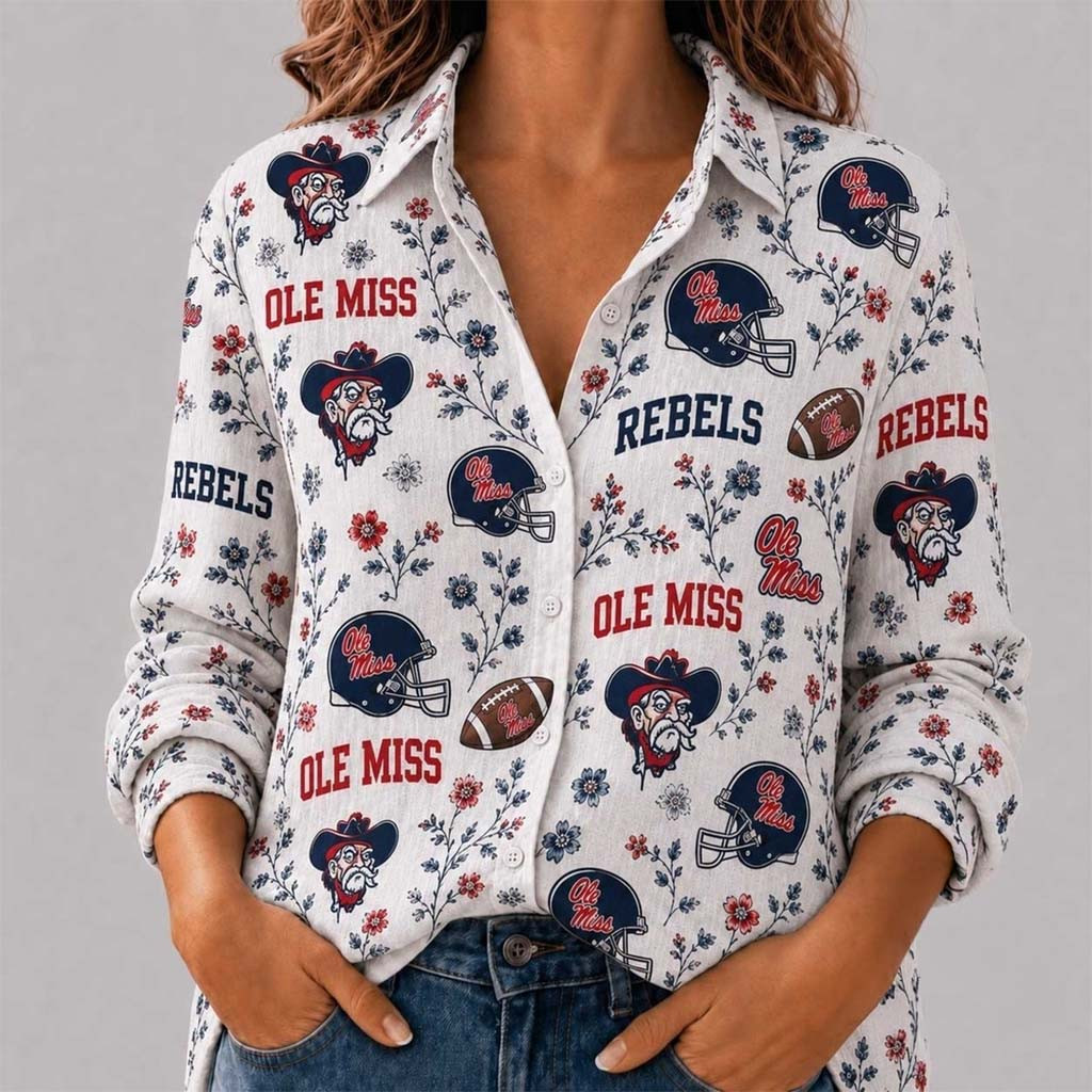 Ole Miss Rebels College Spirit Blossoms Long Sleeve Button Up Shirt Rebels Merch Wife Gifts - Kdjoy