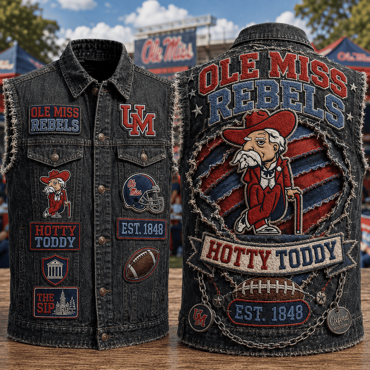 Ole Miss Rebels Merch Hotty Toddy Denim Vest Gift Ideas For Football Lovers - Kdjoy Ole Miss Rebels Merch Hotty Toddy Denim Vest Gift Ideas For Football Lovers - Kdjoy