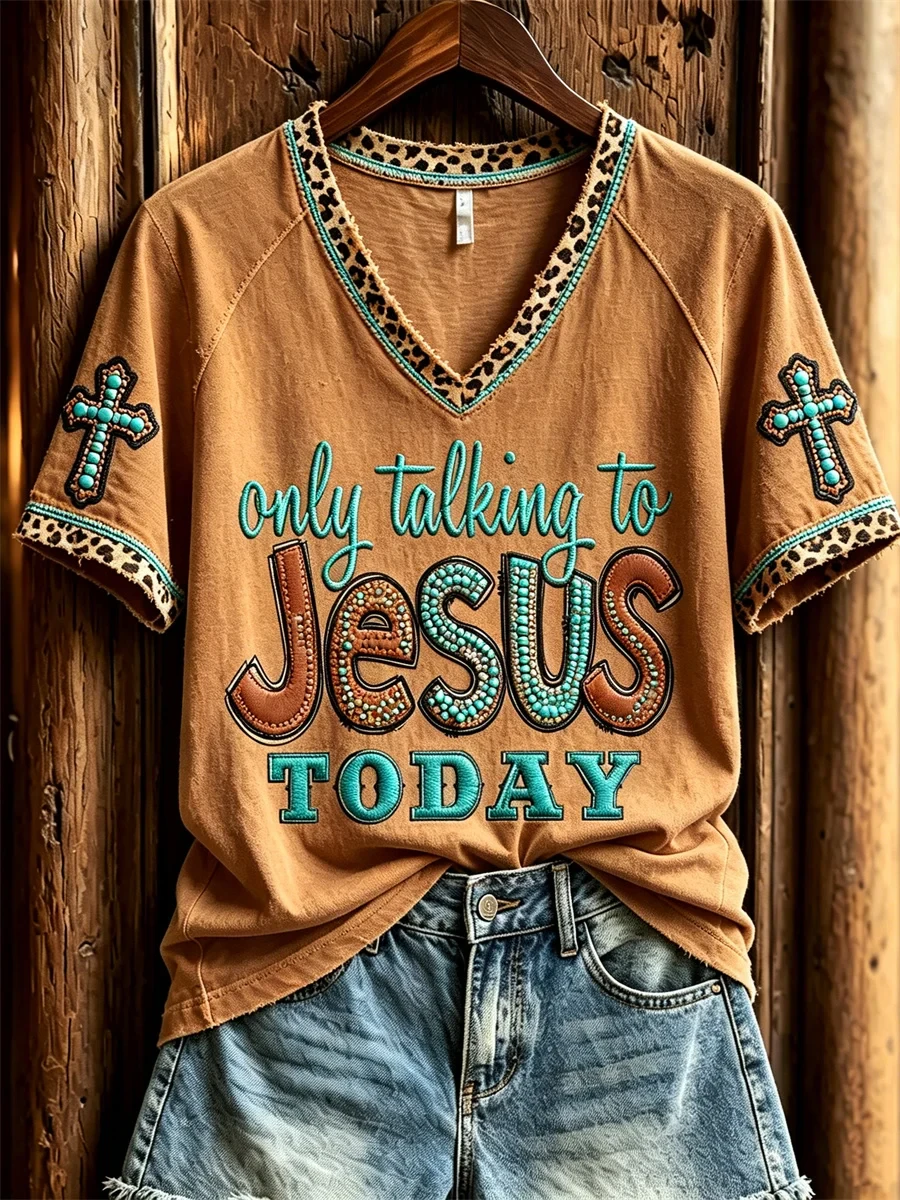 Only Talking To Jesus Today Turquoise Cross Leopard Western V-Neck Shirt Christian Gifts - Kdjoy