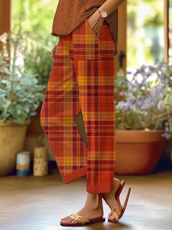 Orange Red Plaid Pattern Pants Sweatpants Halloween Apparel Gift For Trendy Girls - Kdjoy