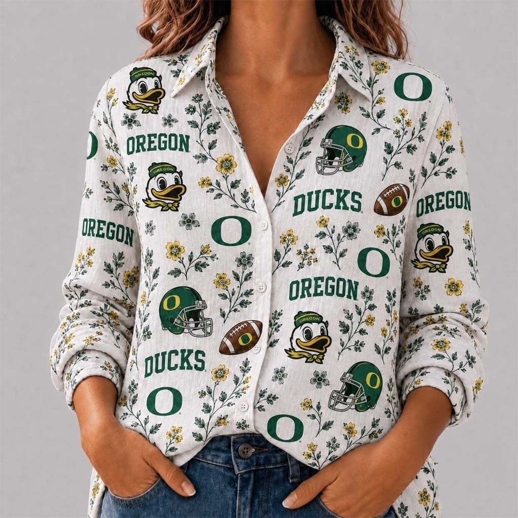Oregon Ducks College Spirit Blossoms Long Sleeve Button Up Shirt Oregon Ducks Merch Fan Gifts - Kdjoy