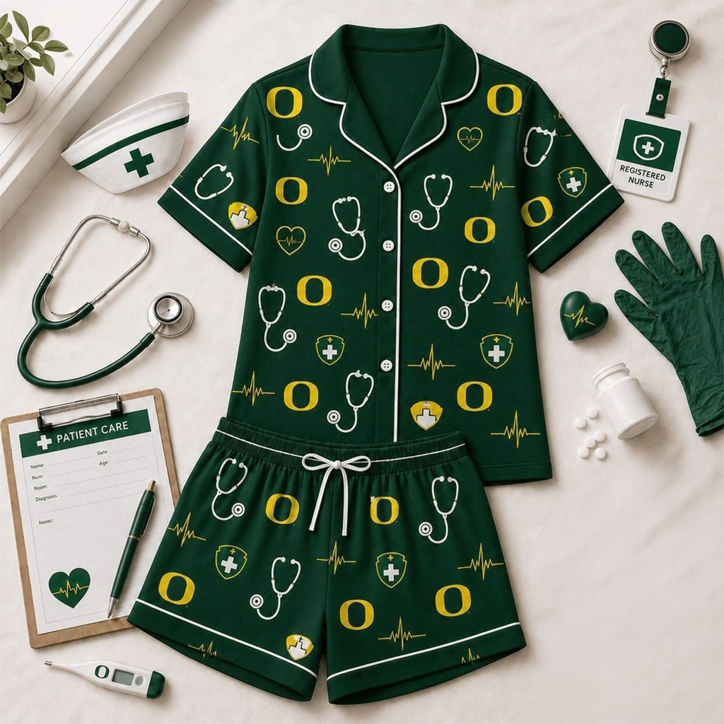 Oregon Ducks Heartbeats And Home Teams Short Sleeve Pajamas Set Ducks Merch Gifts For Her - Kdjoy