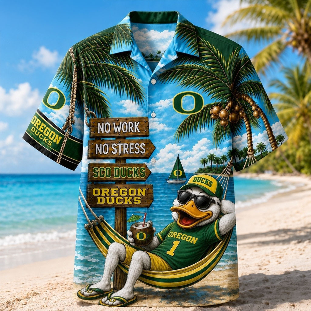Oregon Ducks No Work No Stress Hawaiian Shirt Summer Outfits Oregon Ducks Merch Fan Gifts - Kdjoy