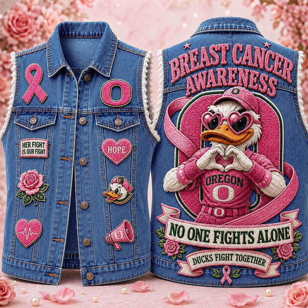 Oregon Ducks X Breast Cancer Awareness Merch No One Fights Alone Ducks Fight Together Denim Vest - Kdjoy
