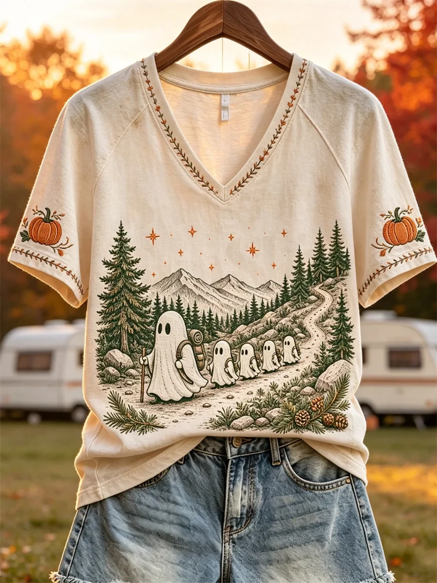 Outdoor Adventures Ghosts Fall Camping V-Neck Shirt Cute Halloween Apparel Gift For BFF - Kdjoy Outdoor Adventures Ghosts Fall Camping V-Neck Shirt Cute Halloween Apparel Gift For BFF - Kdjoy