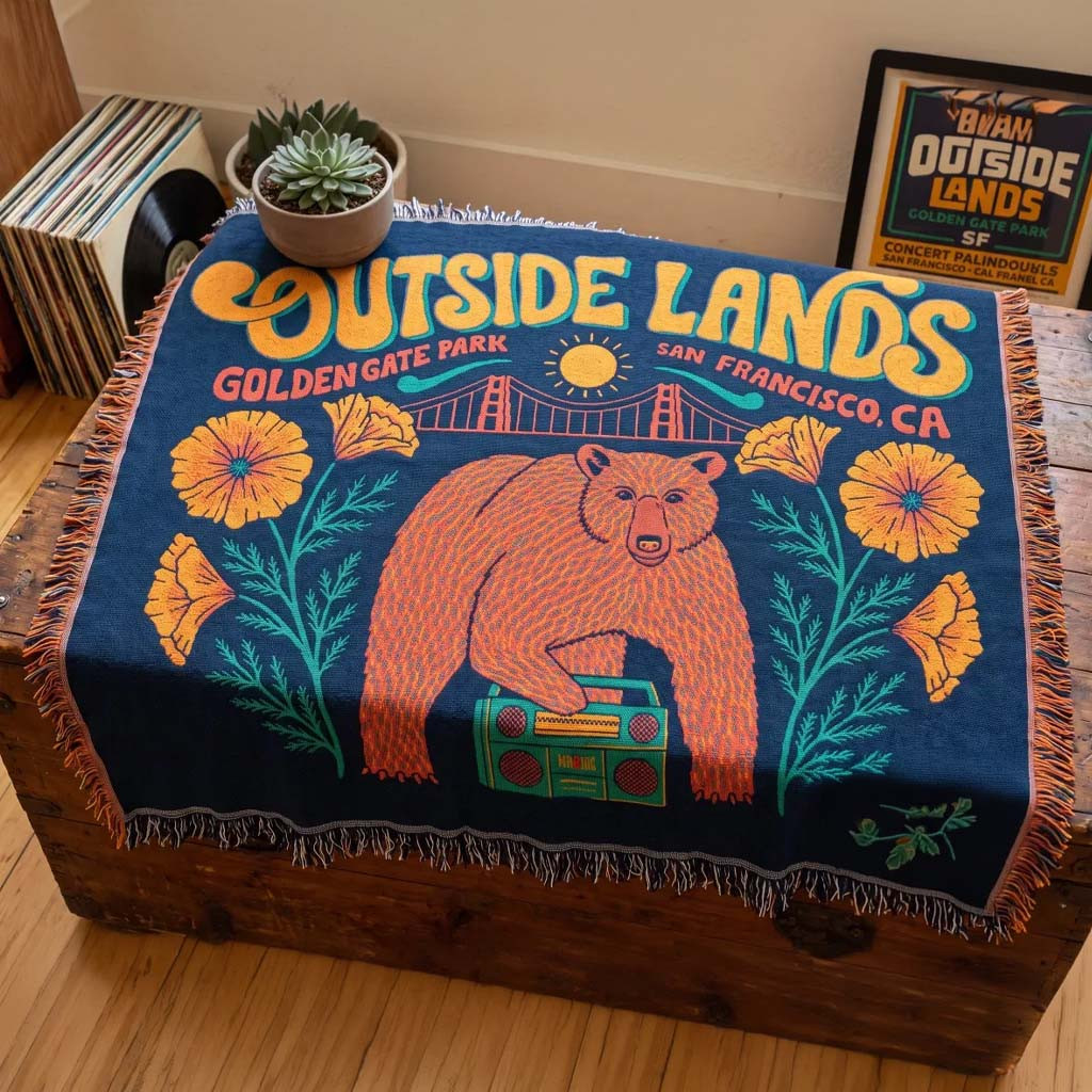 Outside Lands Merch 2026 August Golden Gate Park California Bear Boombox Woven Blanket - Kdjoy