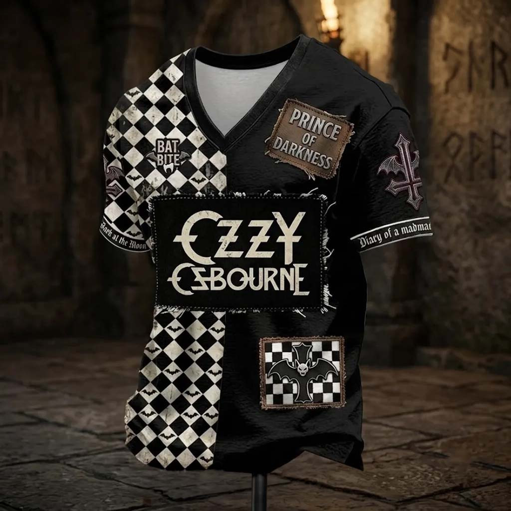 Ozzy Osbourne Prince of Darkness Checkered V-Neck T-Shirt Ozzy Osbourne Merch Gifts for Him - Kdjoy