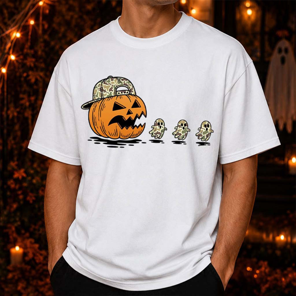 Pac-man Pumpkin Camo Ghost Halloween T-Shirt Spooky Season Clothes Gift For Brothers - Kdjoy