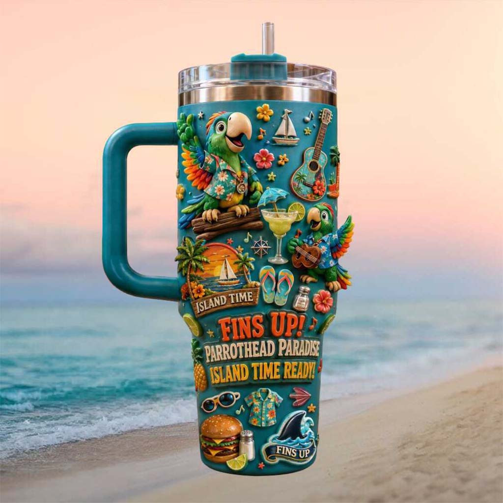 Parrothead Island Time Fins Up Paradise Tropical Vacation Tumbler Parrothead Merch Dad Gifts - Kdjoy