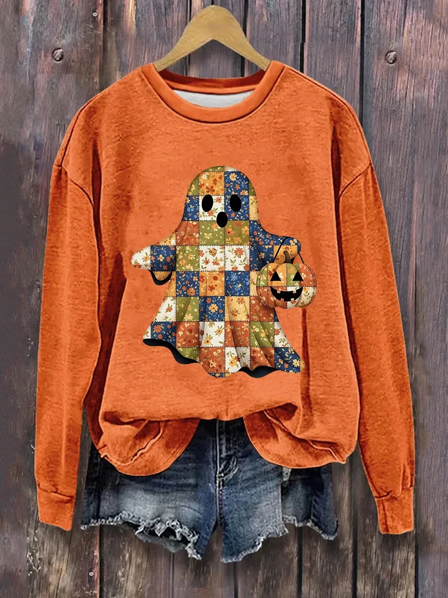 Patchwork Ghost With Pumpkin Sweatshirt Halloween Ghost Merch Halloween Gifts For Girls - Kdjoy Patchwork Ghost With Pumpkin Sweatshirt Halloween Ghost Merch Halloween Gifts For Girls - Kdjoy