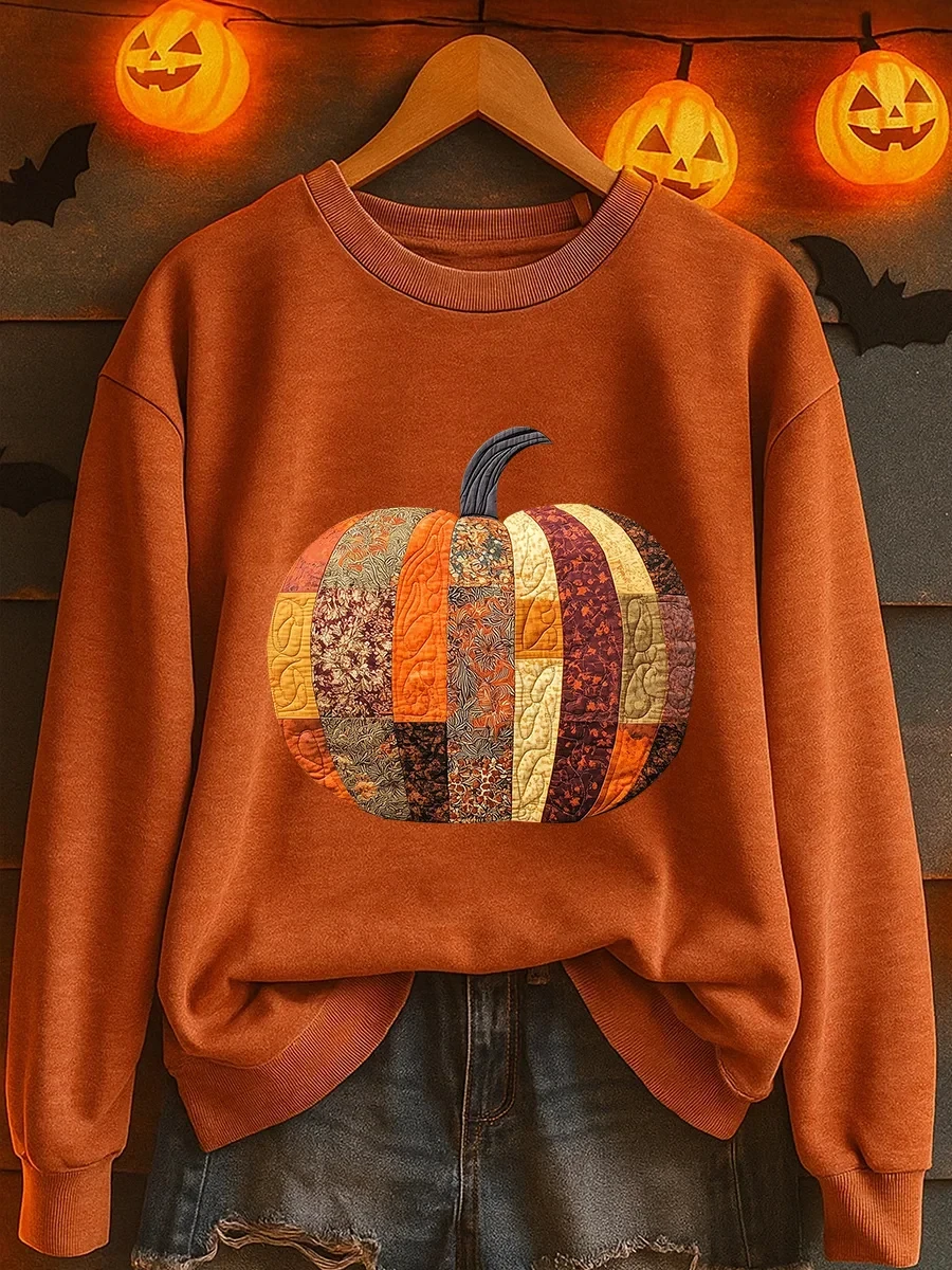 Patchwork Pumpkin Sweatshirt Autumn Halloween Clothing Gifts For Fall Apparel - Kdjoy