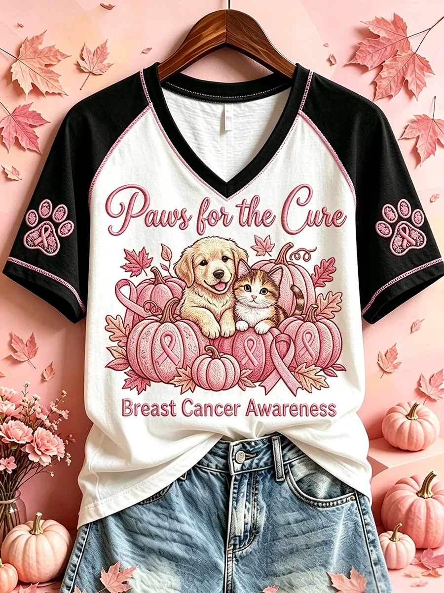 Paws For The Cure Breast Cancer Awareness Dog Cat V-Neck Shirt Cute Fall Apparel Mom Gifts - Kdjoy