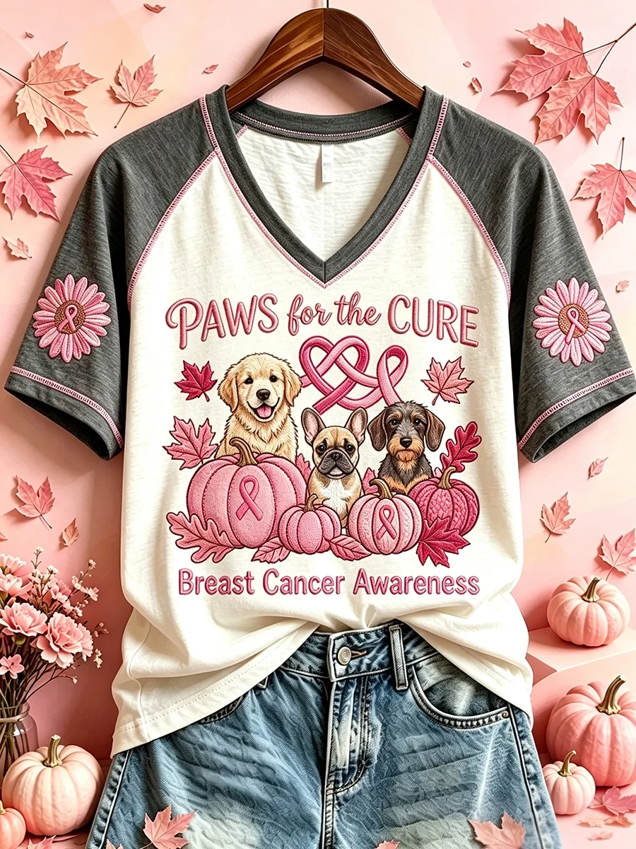 Paws For The Cure Breast Cancer Awareness Dog Print V-Neck Shirt Cute Gift For Dog Lovers - Kdjoy