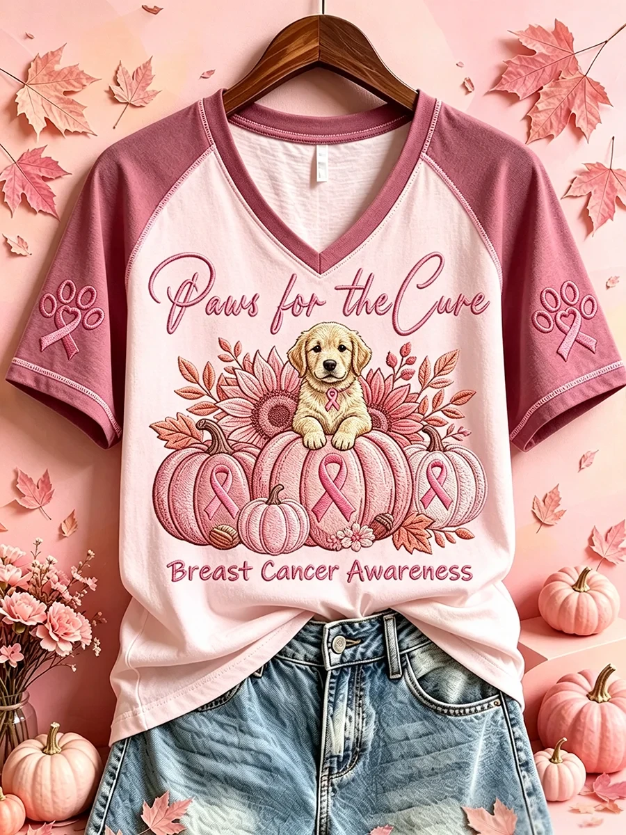 Paws For The Cure Breast Cancer Awareness Dog Print V-Neck Shirt Fall Apparel Dog Lover Gifts - Kdjoy