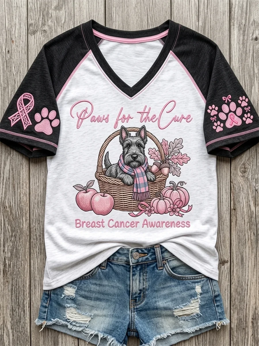 Paws For The Cure Breast Cancer Awareness Dog Print V-Neck Shirt Present For Dog Lovers - Kdjoy