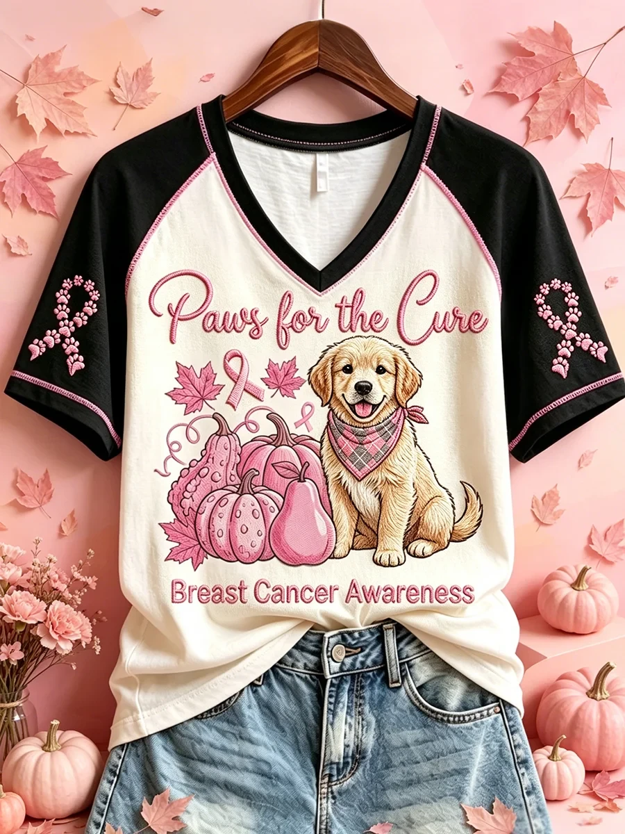 Paws For The Cure Breast Cancer Awareness Dog V-Neck Shirt Cute Fall Apparel Dog Mom Gifts - Kdjoy