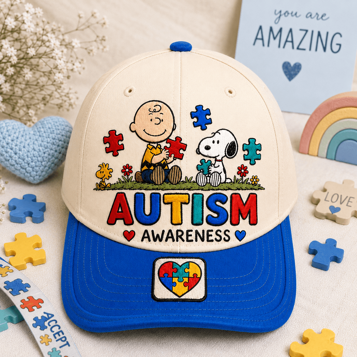 Peanuts Merch X Autism Awareness Cute Puppy Hat Autism Awareness Puzzle Cap Gifts Ideas - Kdjoy